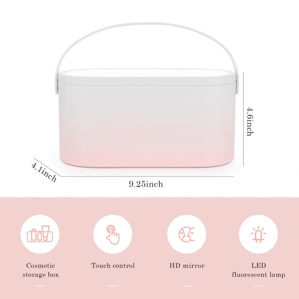 Travel Makeup Box with LED Light Mirror Plastic Cosmetic Case  (Gradient Pink)